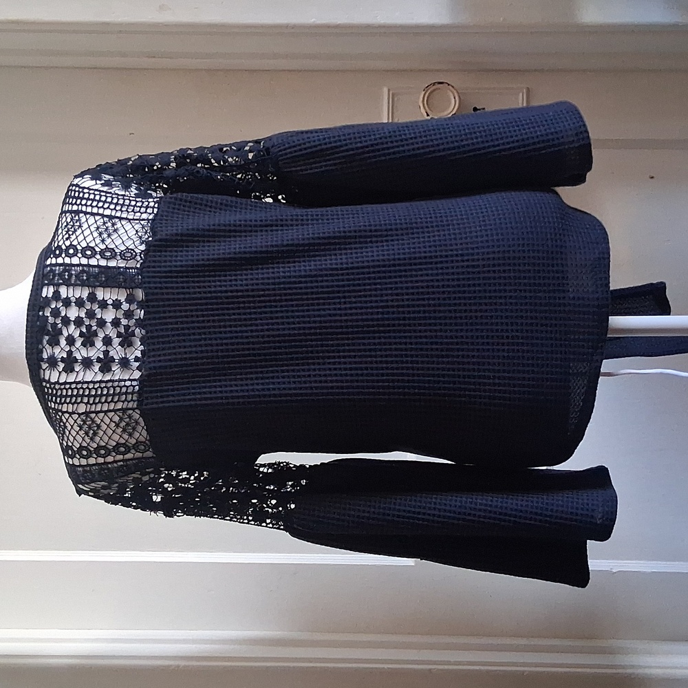 Navy Button-Up Tie Front Top with Lace Sleeves - Picture 2 of 2